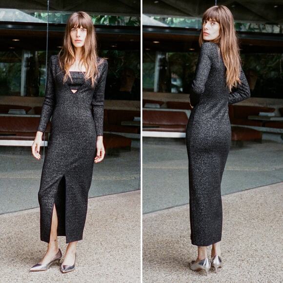 Zara Metallic Thread Stretch Long Sleeve Maxi Dress Size M - Picture 1 of 12